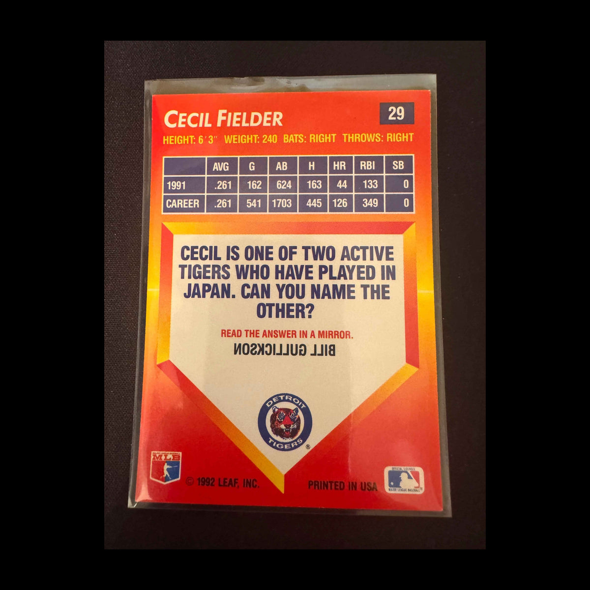1992 Donruss Triple Play #29 Cecil Fielder Card - back