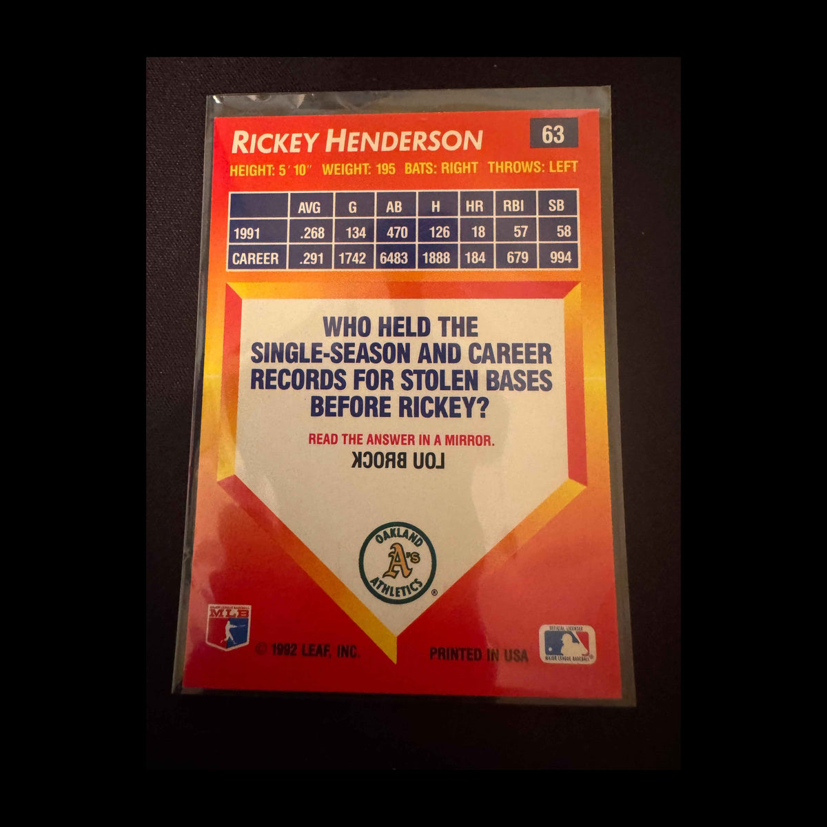 1992 Donruss Triple Play #63 Rickey Henderson Card - back