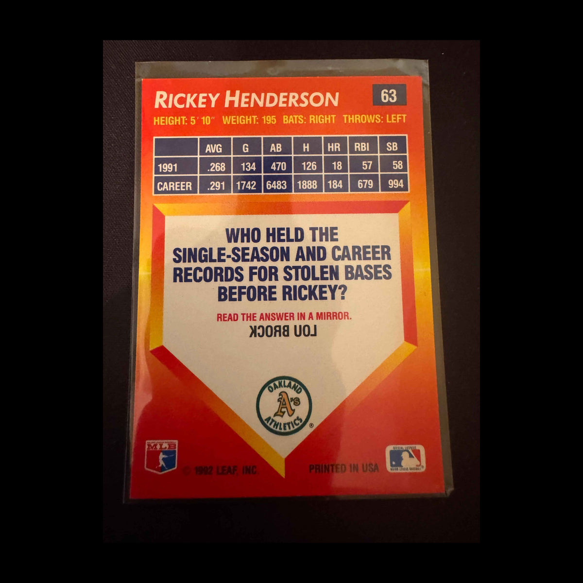 1992 Donruss Triple Play #63 Rickey Henderson Card - view 4