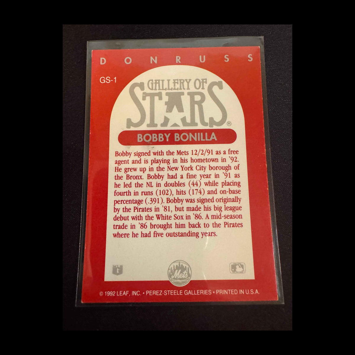 1992 Donruss Triple Play Gallery of Stars #GS-1 Bobby Bonilla Card - back