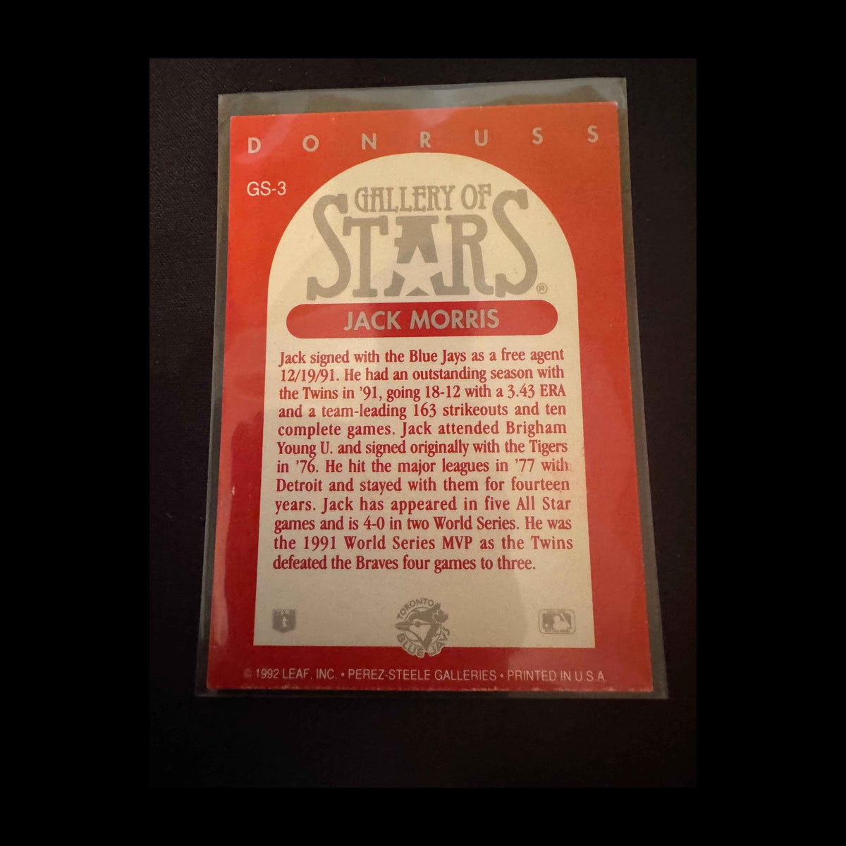 1992 Donruss Triple Play Gallery of Stars #GS-3 Jack Morris Card - back