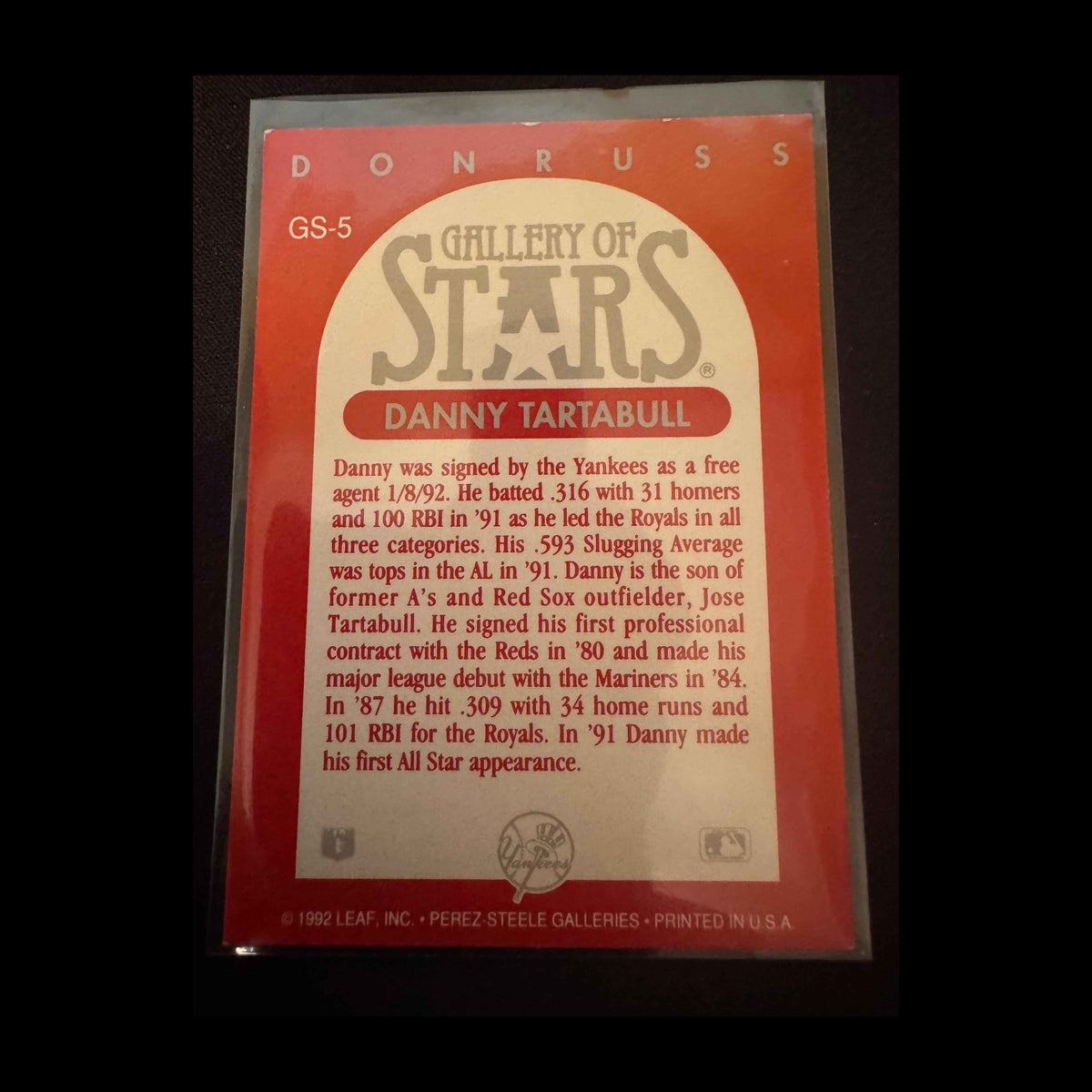 1992 Donruss Triple Play Gallery of Stars #GS-5 Danny Tartabull Card - back