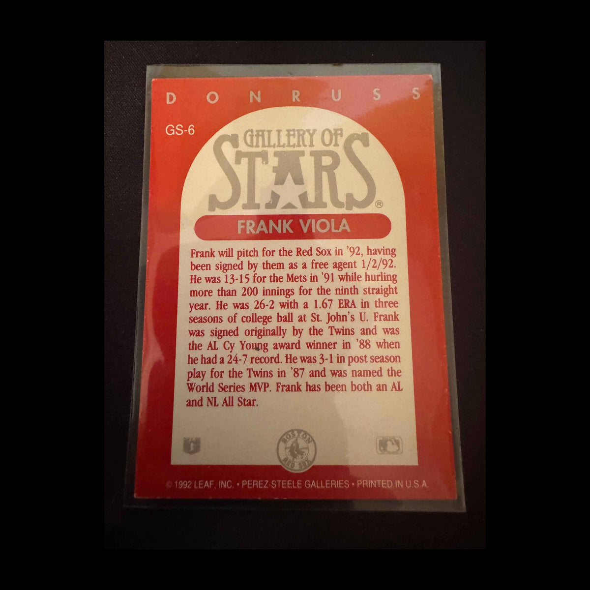1992 Donruss Triple Play Gallery of Stars #GS-6 Frank Viola Card - back