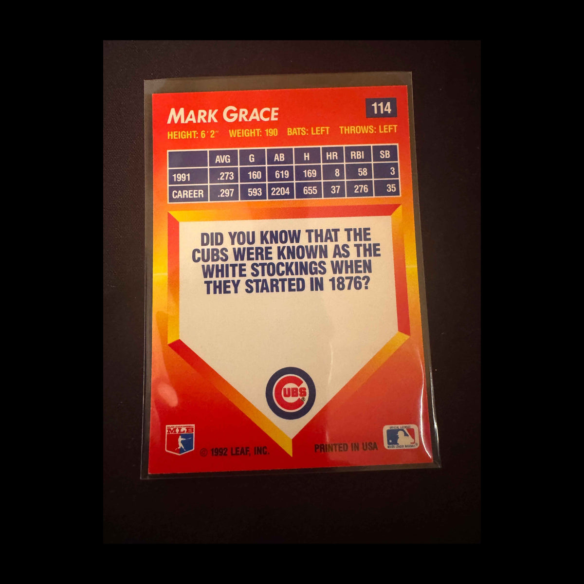 1992 Donruss Triple Play #114 Mark Grace Card - back
