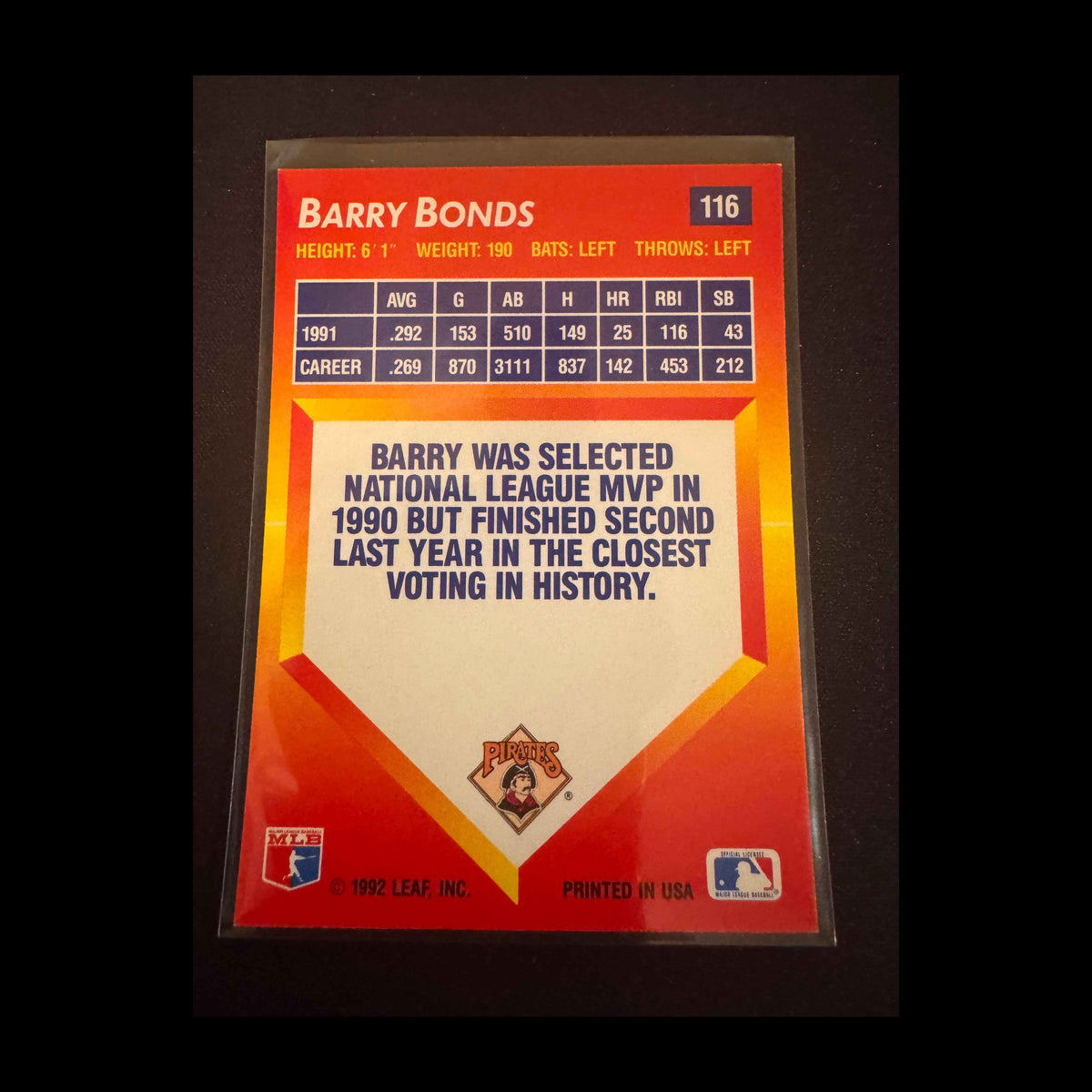 1992 Donruss Triple Play #116 Barry Bonds Card - back