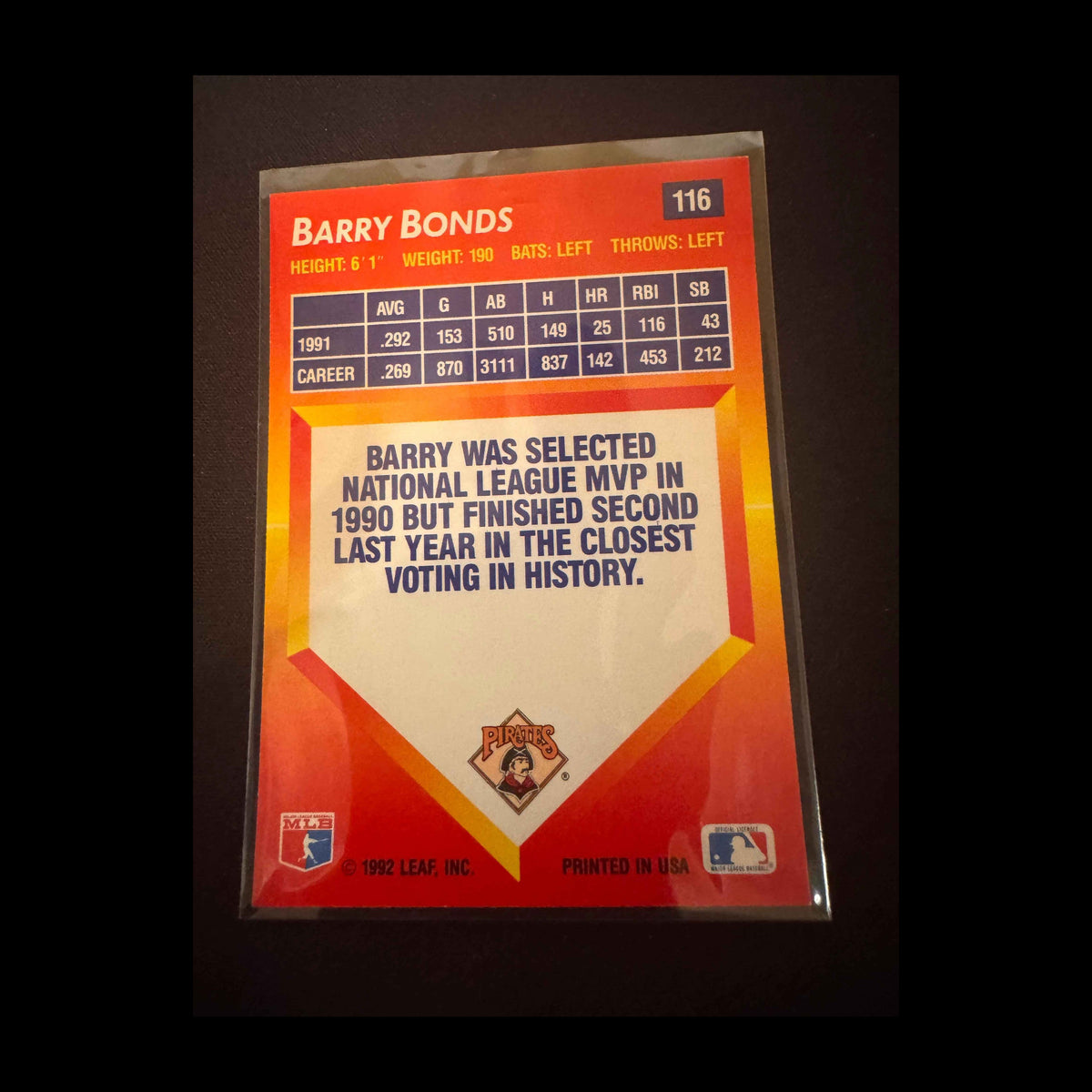 1992 Donruss Triple Play #116 Barry Bonds Card - view 4