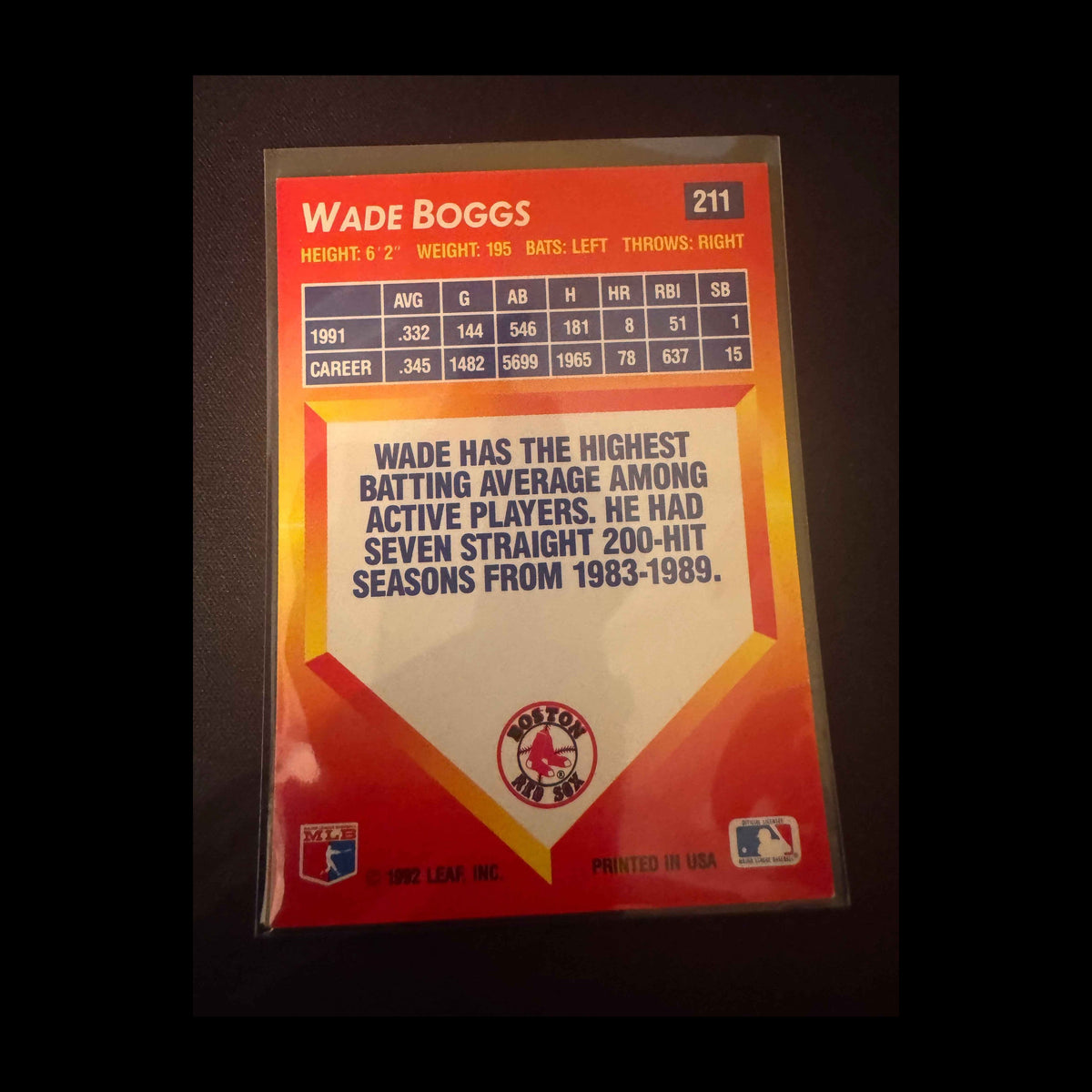 1992 Donruss Triple Play #211 Wade Boggs Card - back