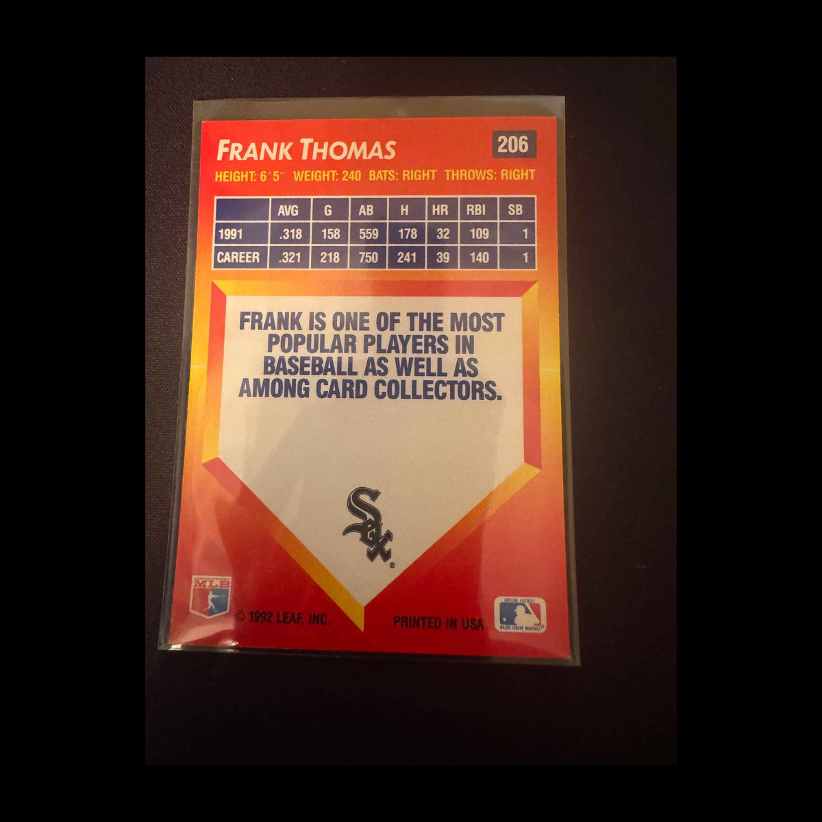 1992 Donruss Triple Play #206 Frank Thomas Card - back
