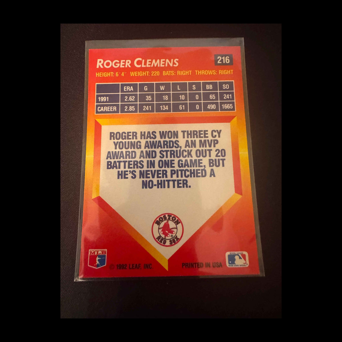 1992 Donruss Triple Play #216 Roger Clemens Card - back