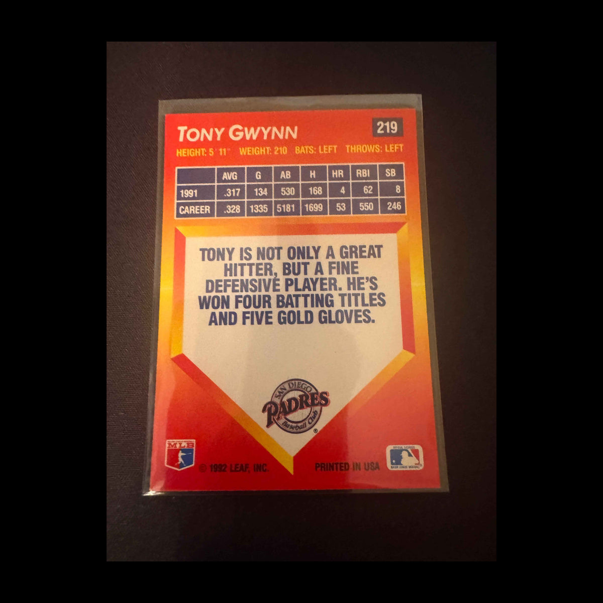 1992 Donruss Triple Play #219 Tony Gwynn Card - back
