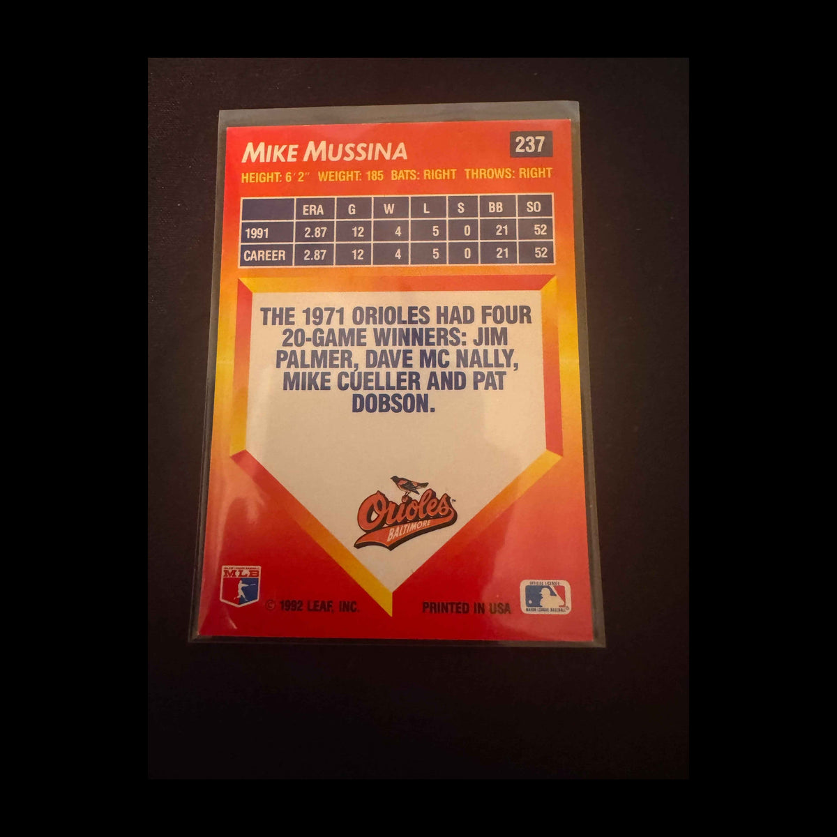 1992 Donruss Triple Play #237 Mike Mussina Card - back