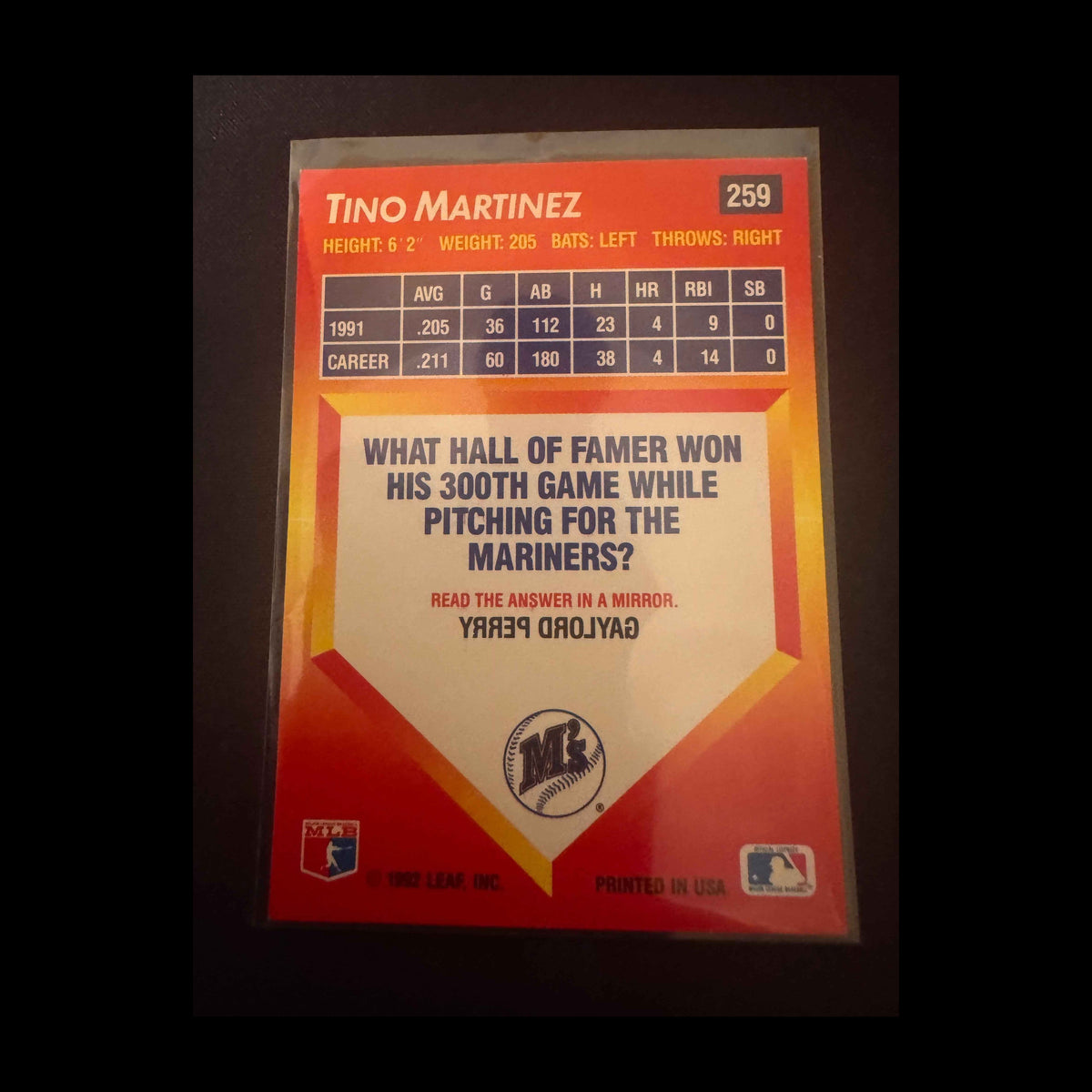 1992 Donruss Triple Play #259 Tino Martinez Card - back
