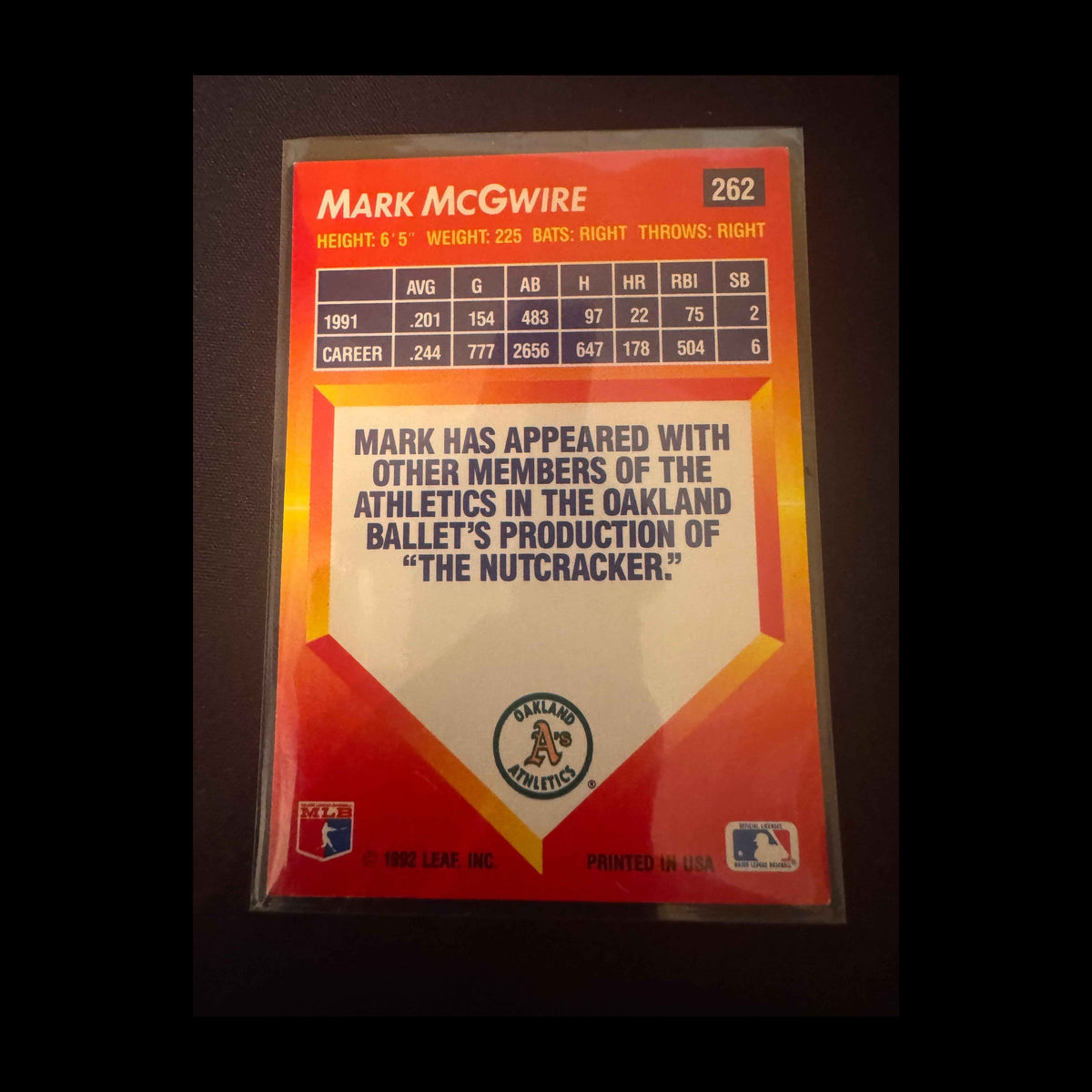 1992 Donruss Triple Play #262 Mark McGwire Card - back