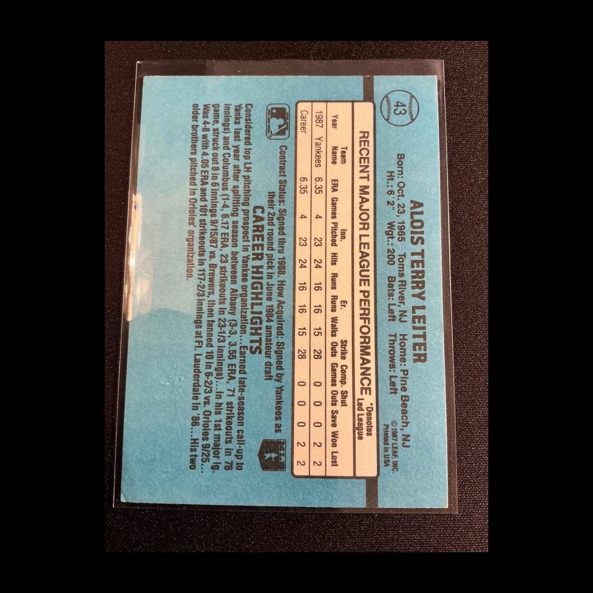 1988 Donruss #43 Al Leiter Rated Rookie Card. - back