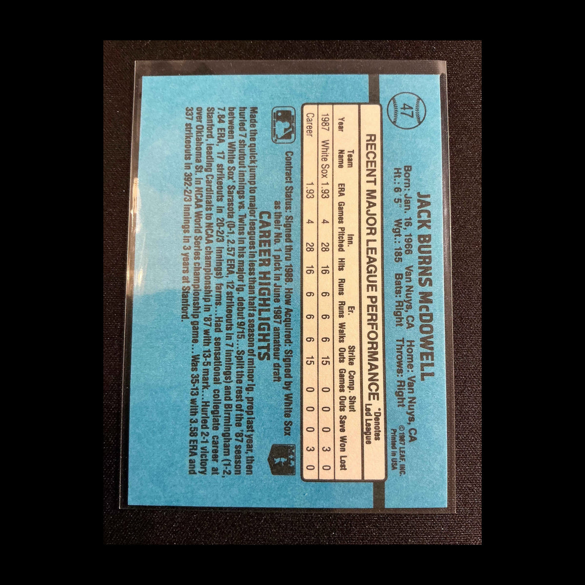 1988 Donruss #47 Jack McDowell Rated Rookie Card - back