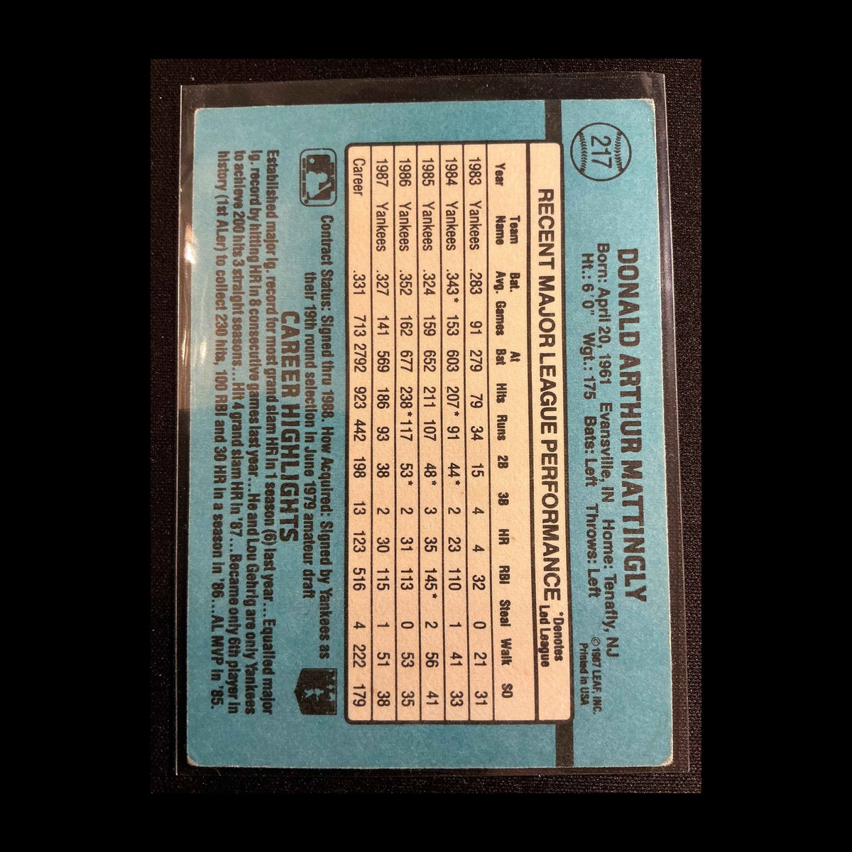 1988 Donruss #217 Don Mattingly Error Card - back