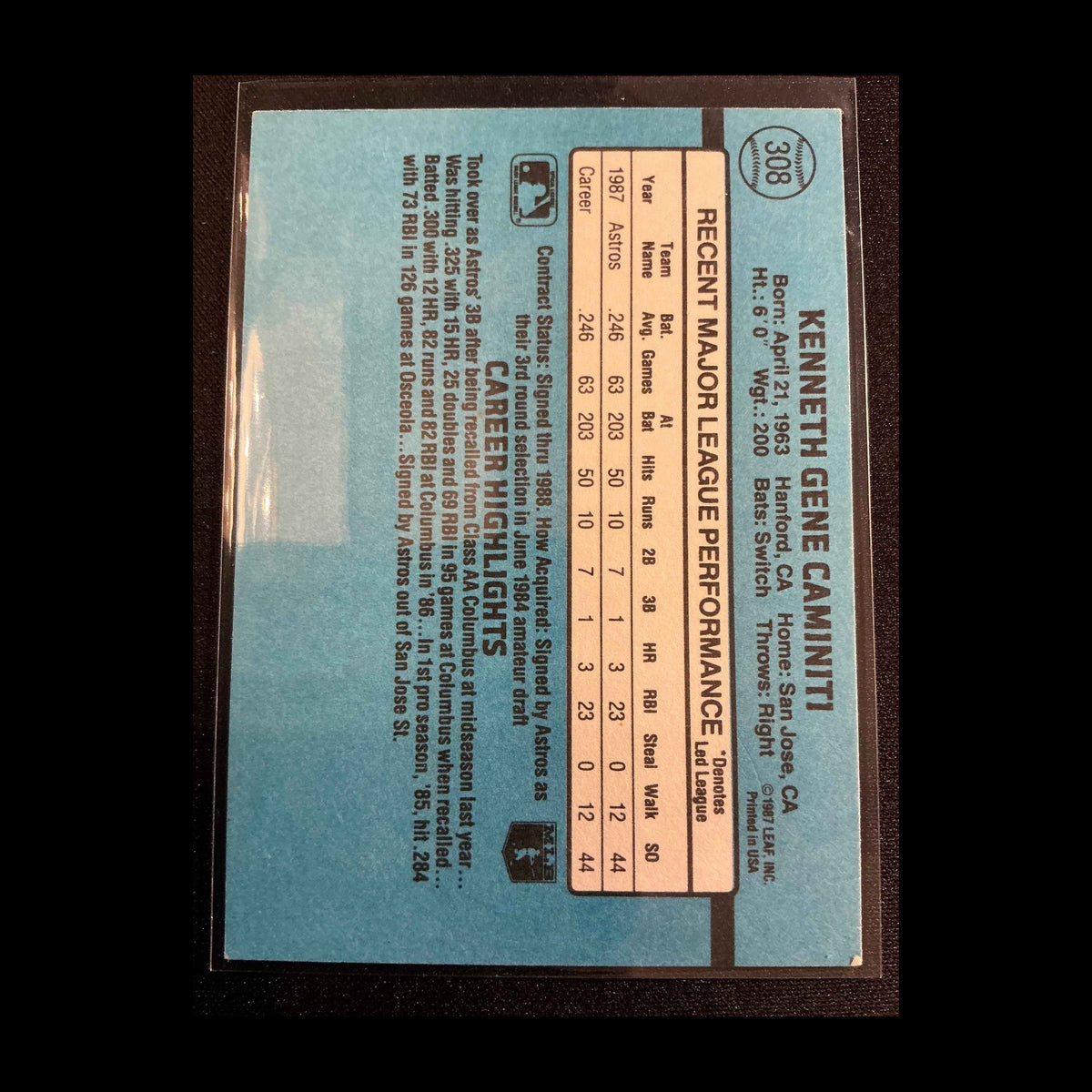 1988 Donruss #308 Ken Caminiti Rookie Card - back