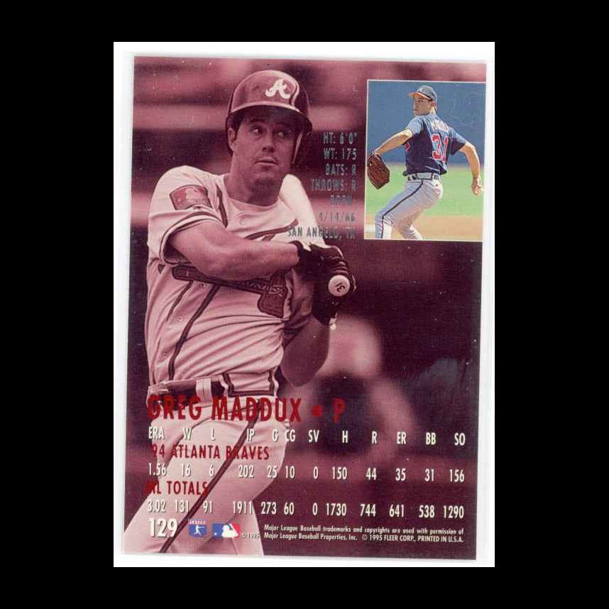 1995 Fleer Ultra #129 Greg Maddux Card - back