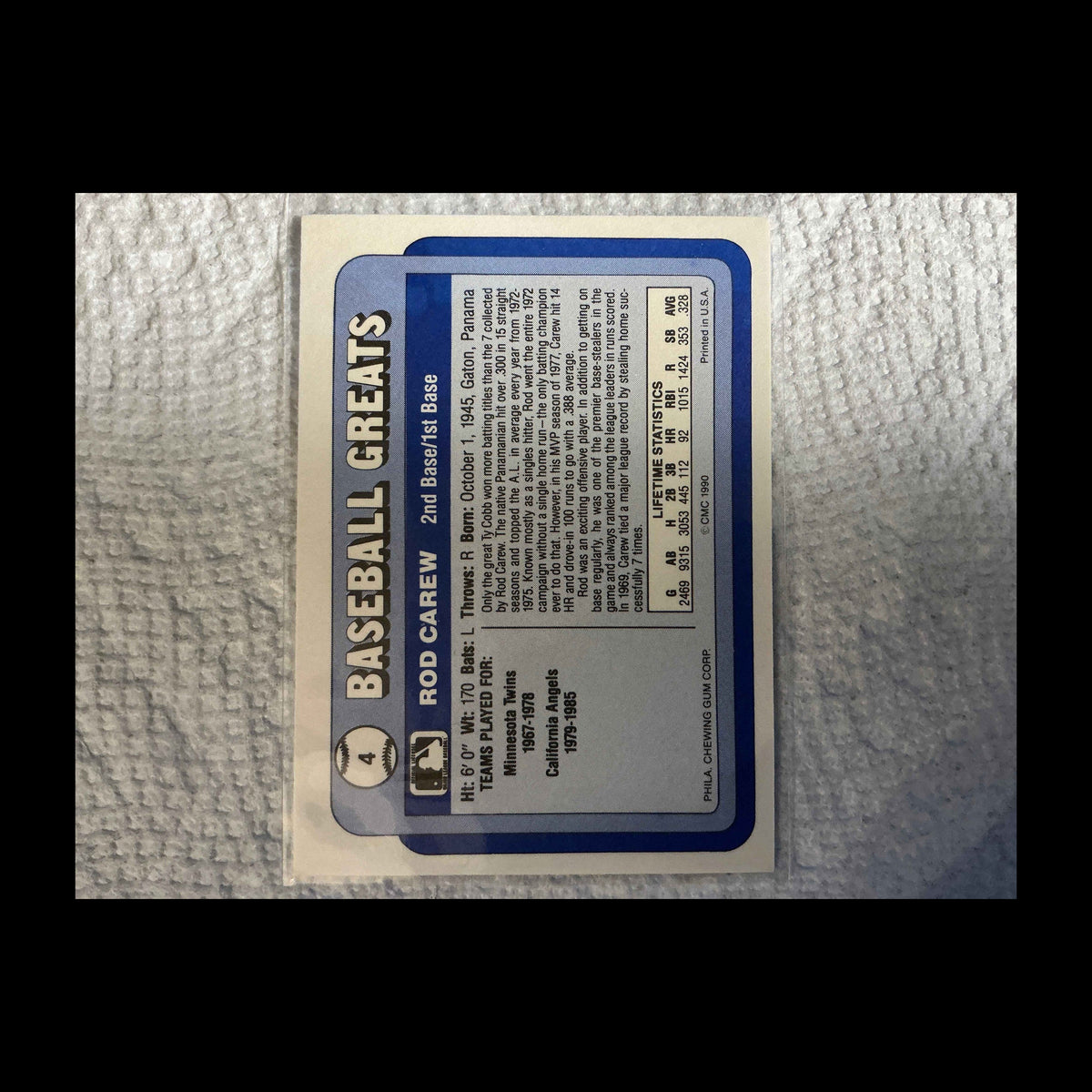1990 Swell #4 Rod Carew Card - back
