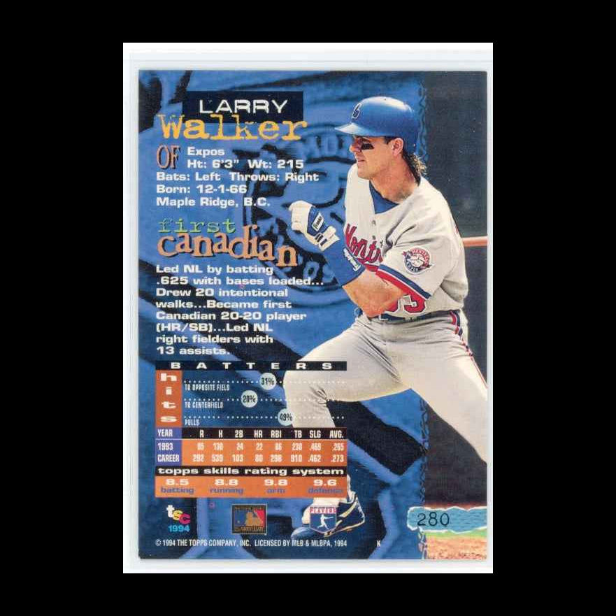 1994 Topps Stadium Club #280 Larry Walker Card - back