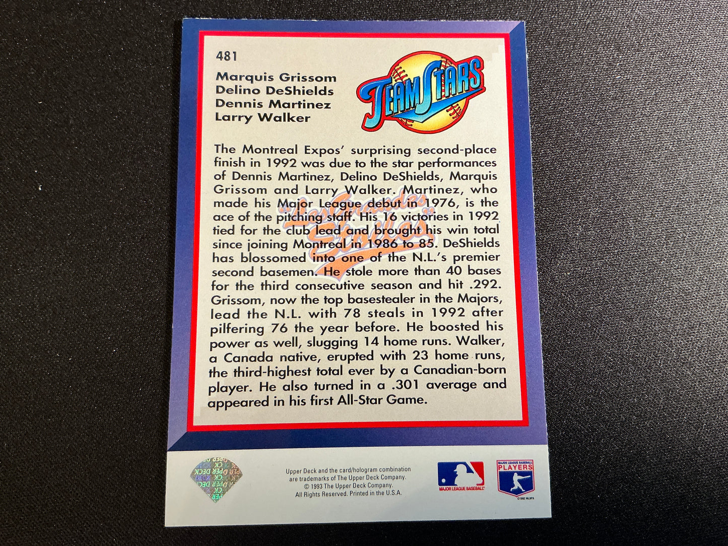 Tarjeta Upper Deck n.° 481 de Grissom, DeShields, Martínez y Walker de 1993