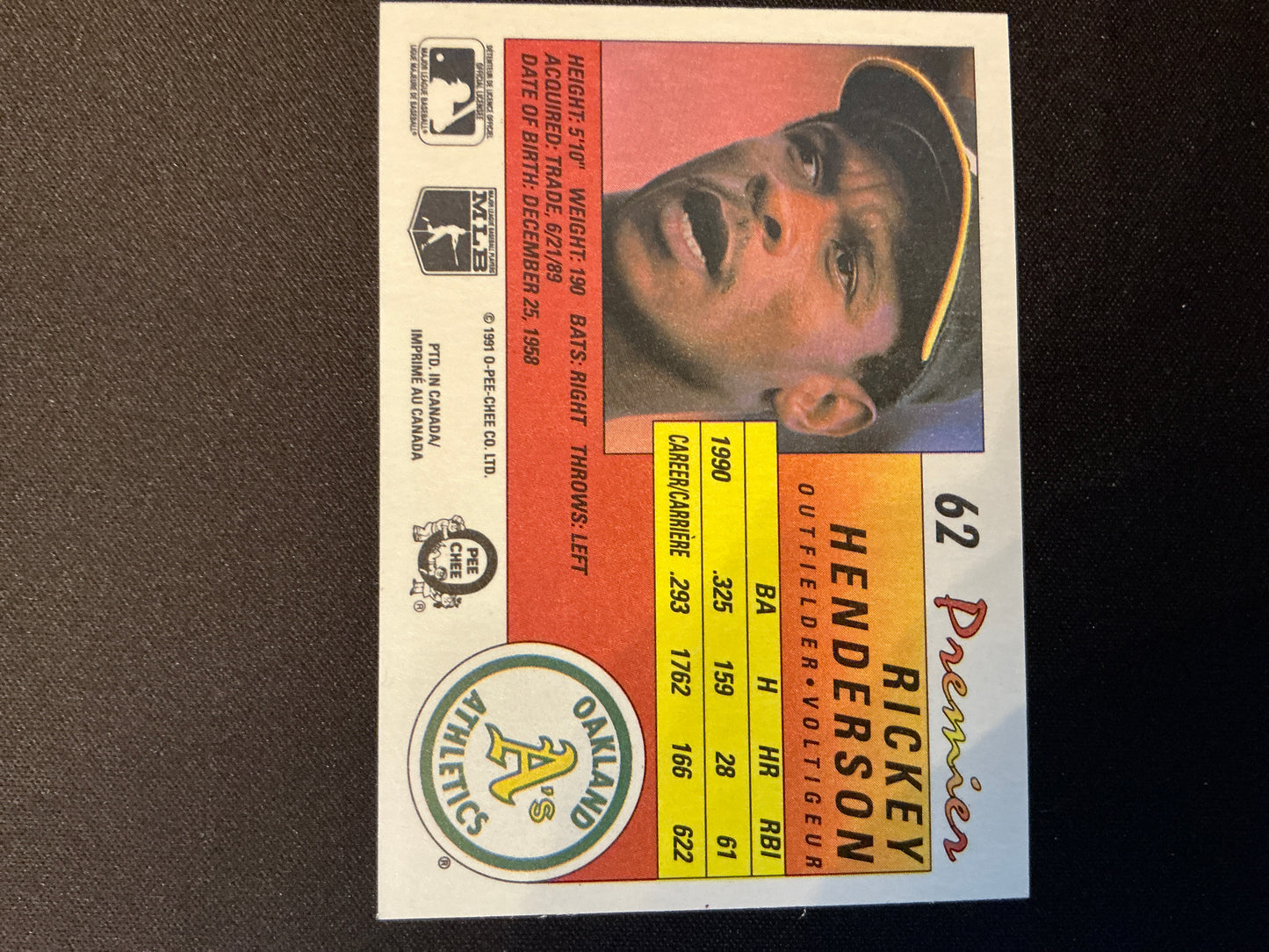Tarjeta de Rickey Henderson #62 de O-Pee-Chee Premier de 1991