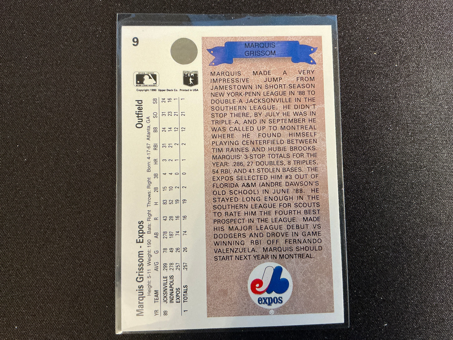 Tarjeta RC de Marquis Grissom Upper Deck n.° 9 de 1990