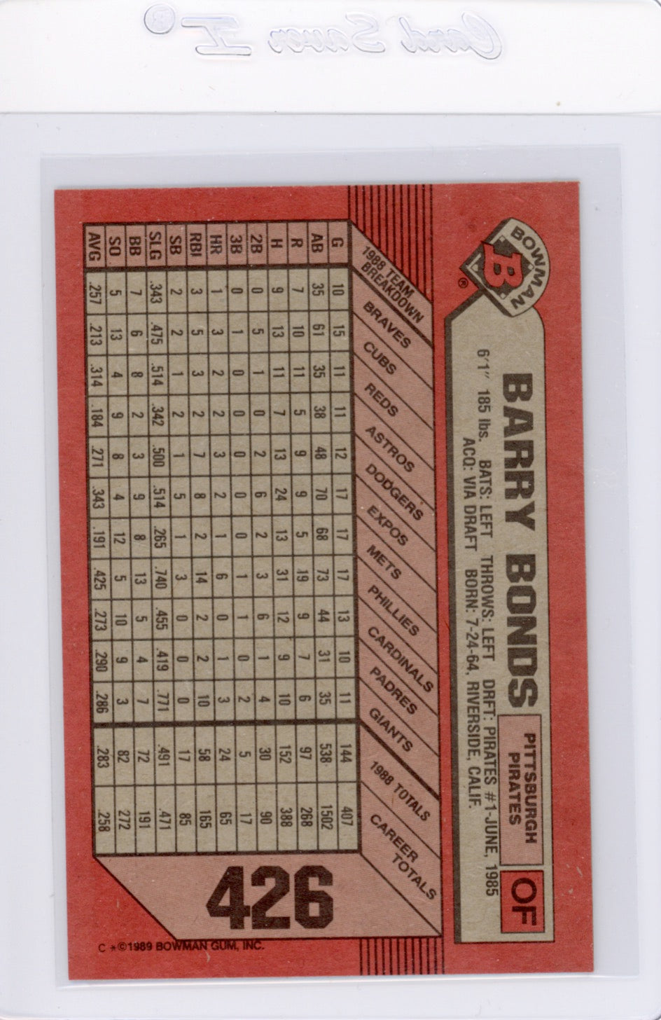 Tarjeta Bowman #426 de Barry Bonds de 1989