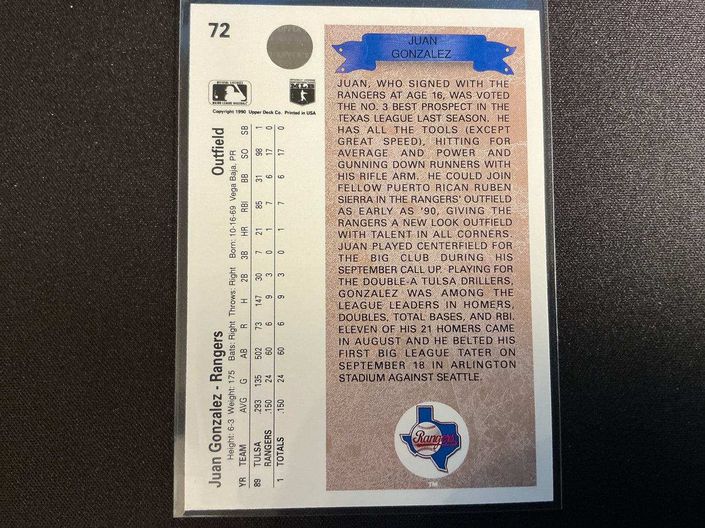 Tarjeta RC de Juan González, Upper Deck n.° 72, 1990