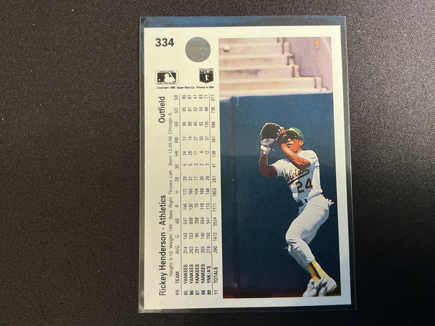 Tarjeta de Rickey Henderson Upper Deck n.° 334 de 1990