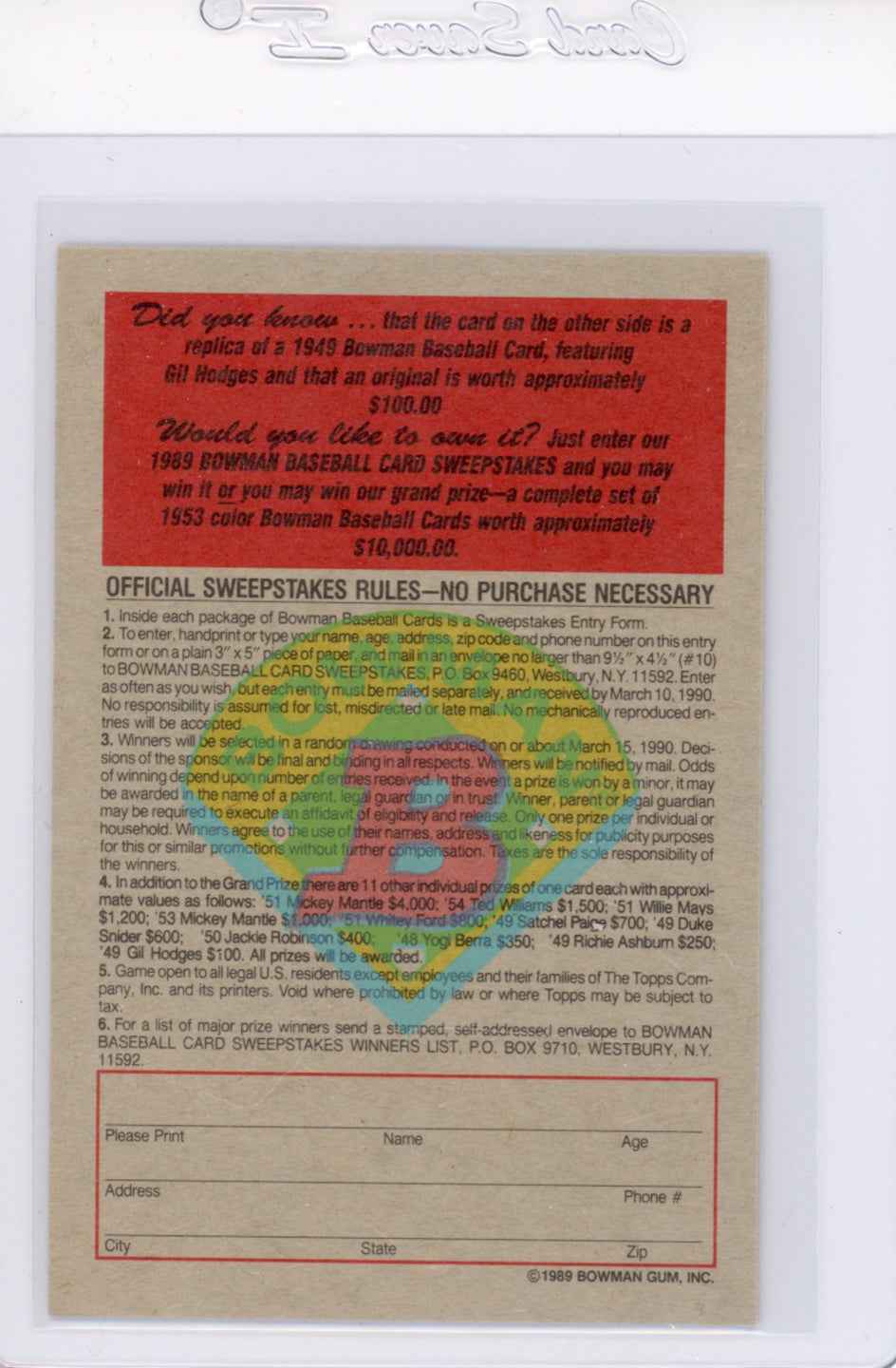 1989 Bowman Insert #4 1949 Gil Hodges Card