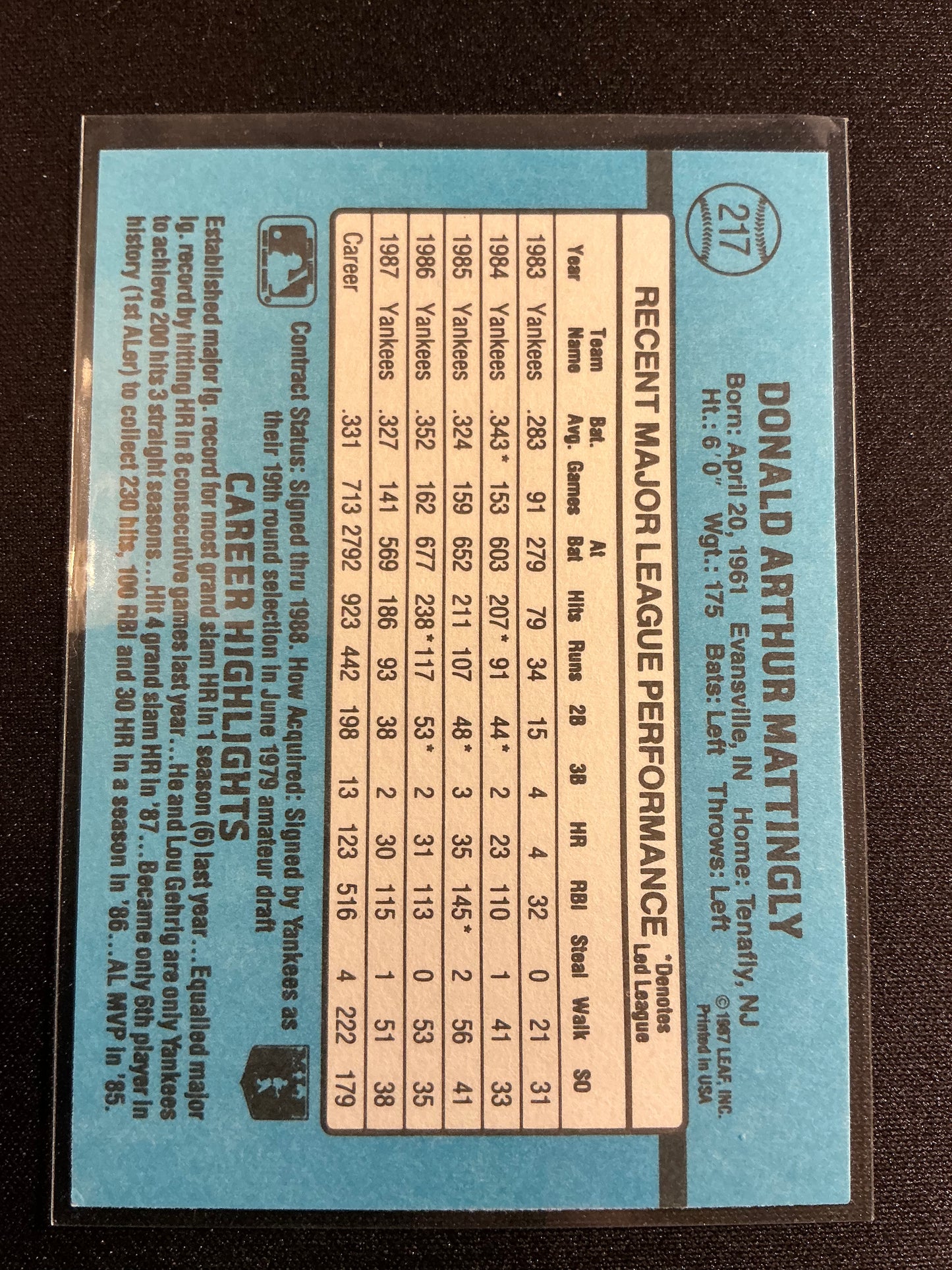 1988 Donruss #217 Don Mattingly Card