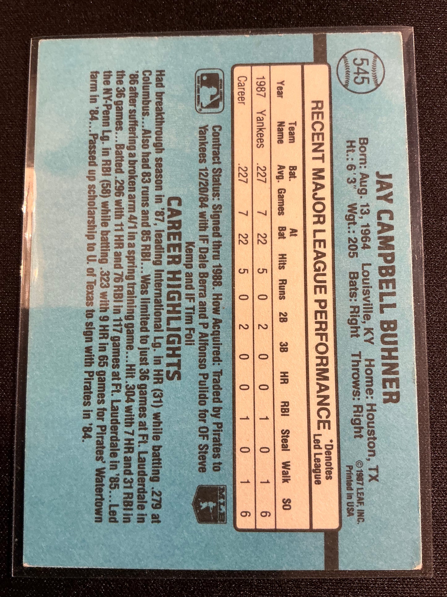 Tarjeta de novato de Jay Buhner Donruss #545 de 1988