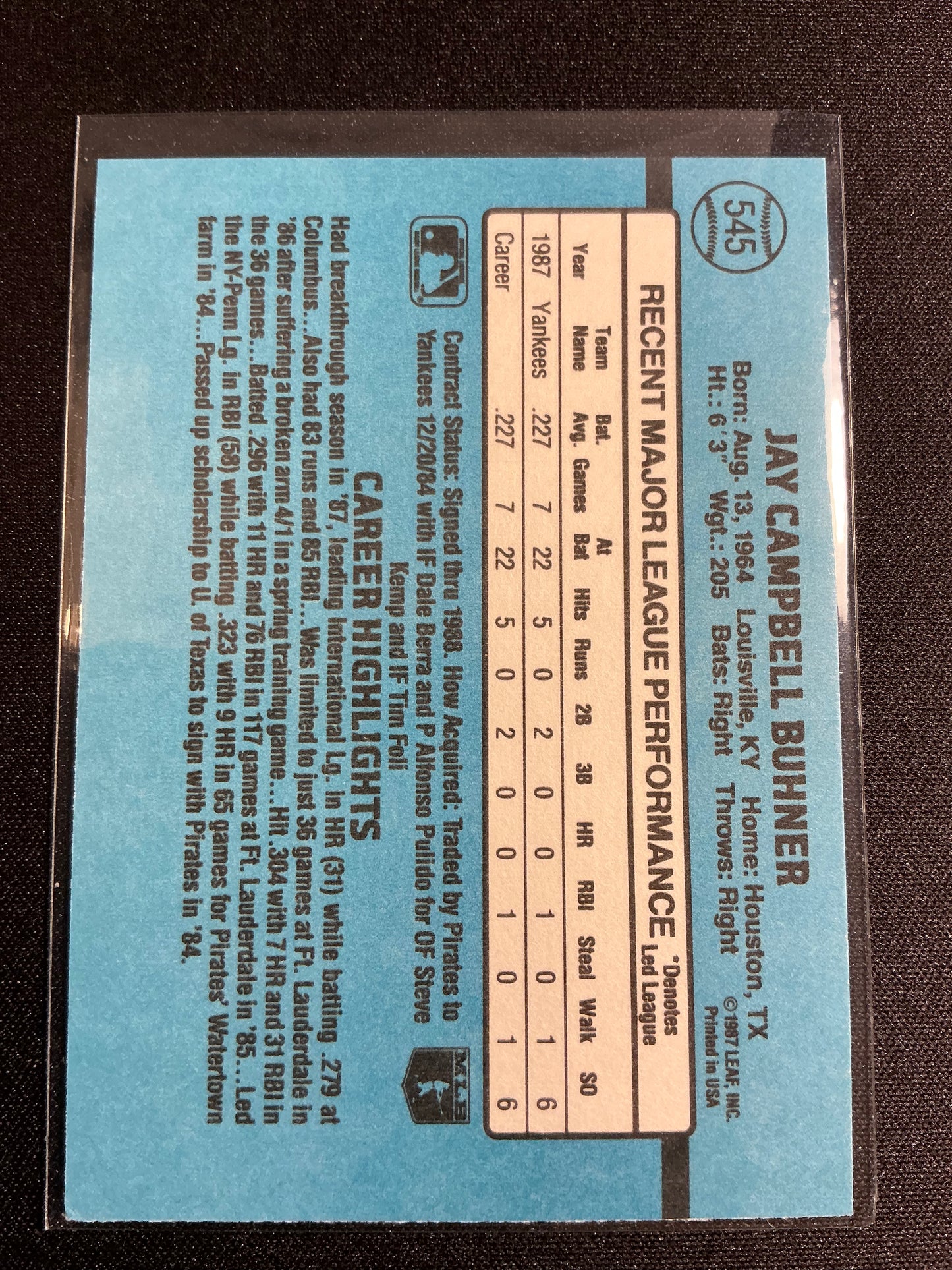 Tarjeta de novato de Jay Buhner Donruss #545 de 1988