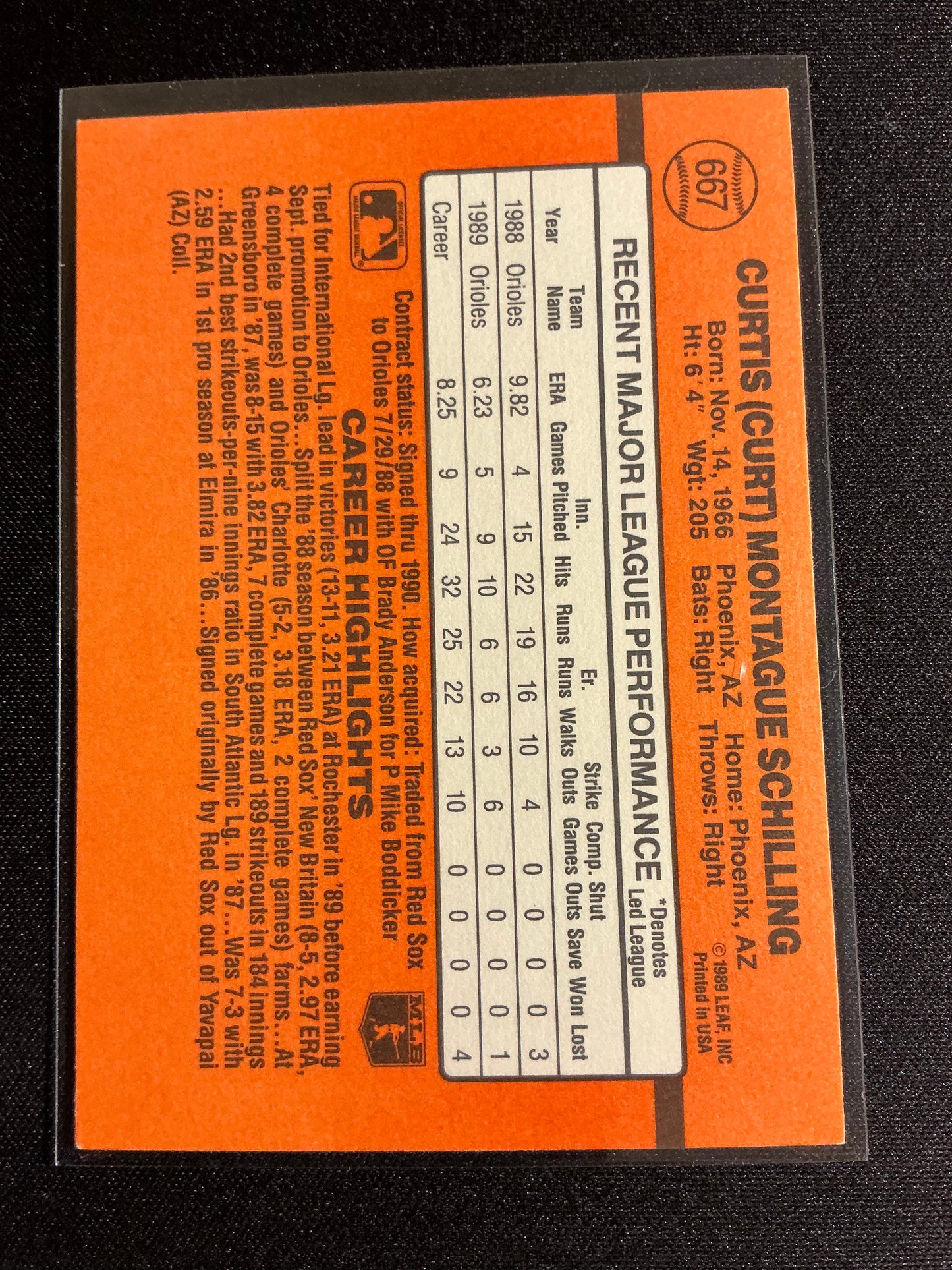 1990 Donruss #667 Curt Schilling No . after INC Error Card