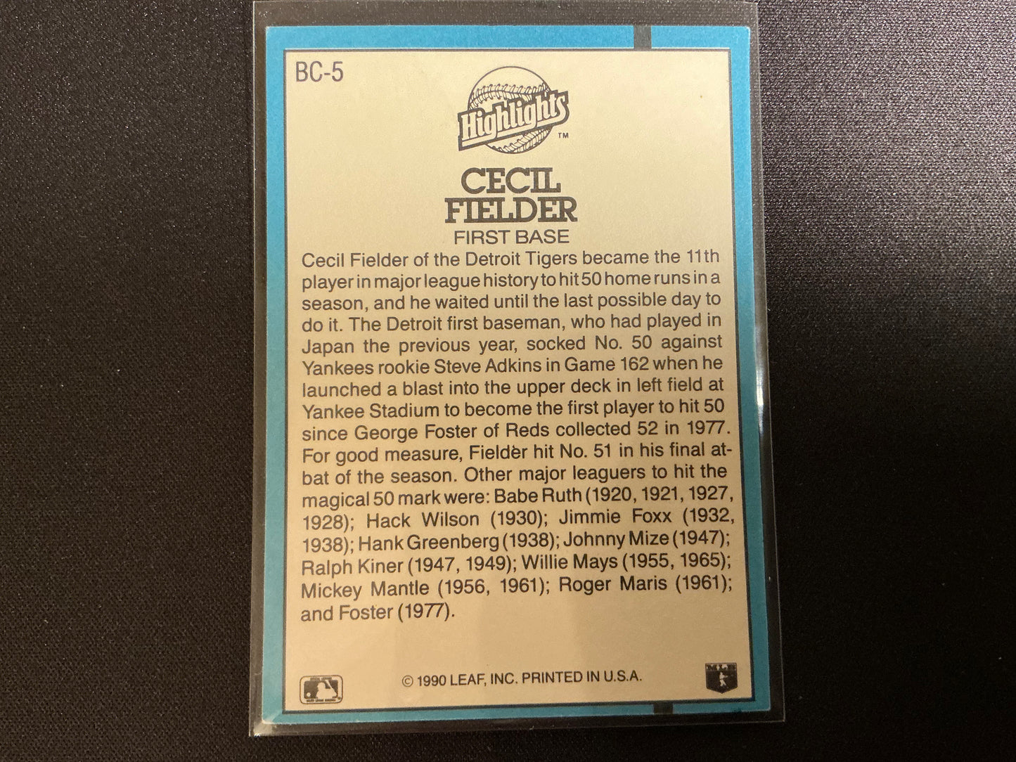 Tarjeta de Cecil Fielder #BC-5 de los MVP de Donruss de 1991