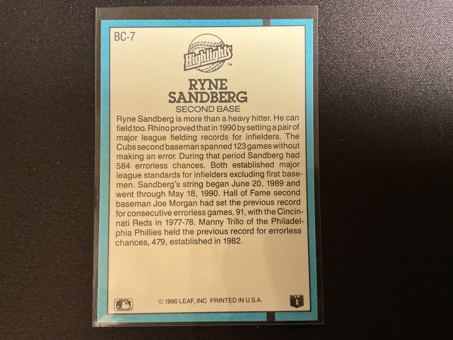Donruss MVP 1991 #BC-7 Ryne Sandberg No. Después de la tarjeta de error INC