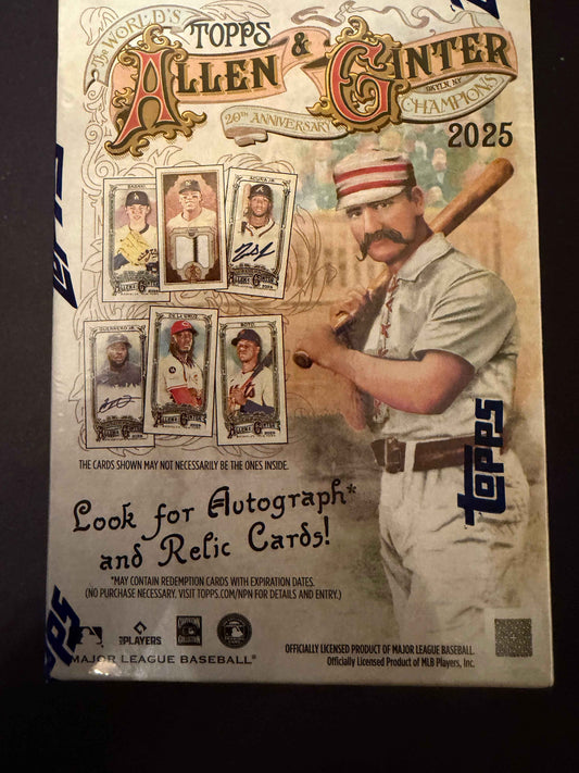 Topps Allen & Ginter baseball trading card box from 2025 on a dark background