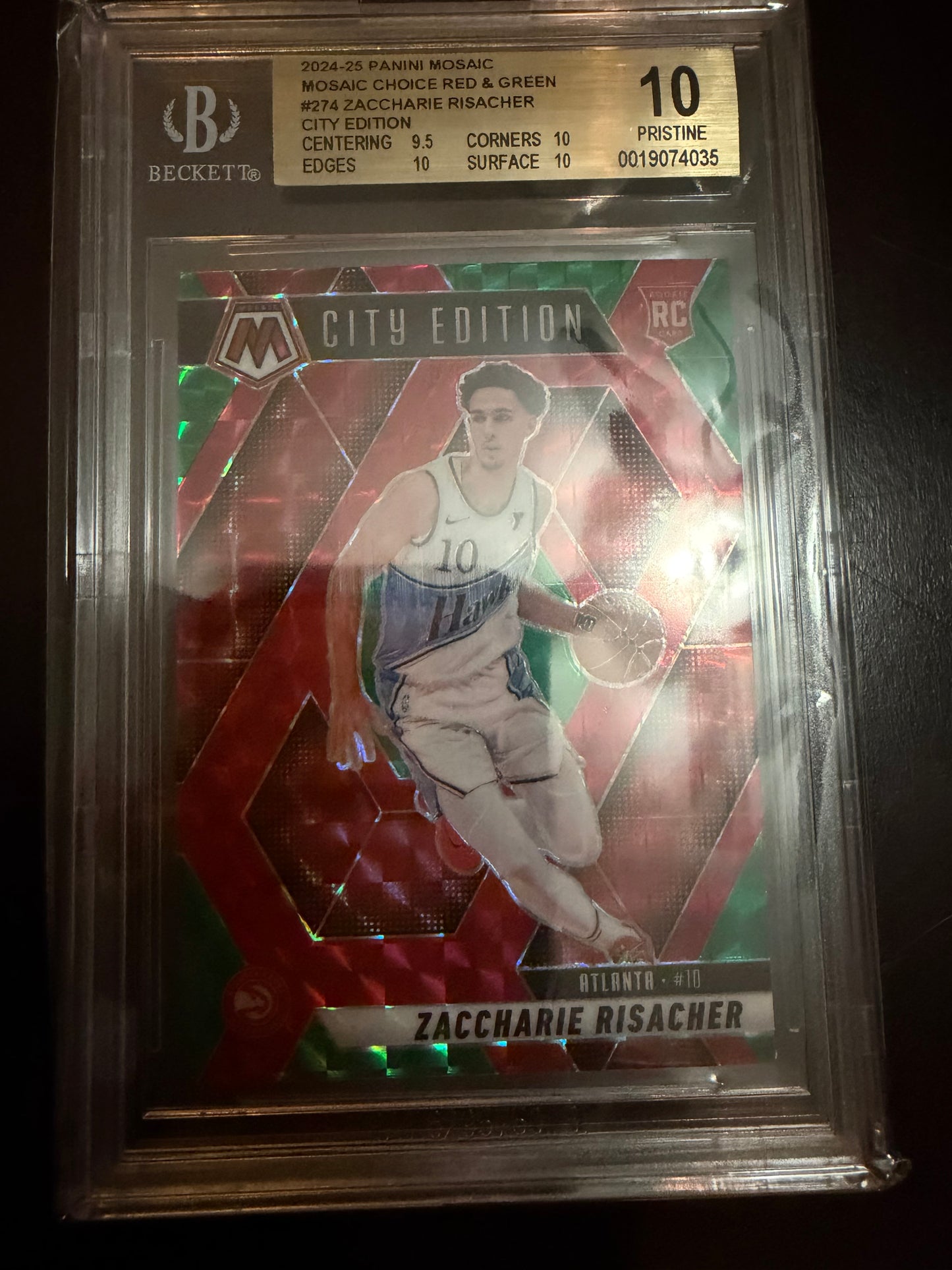 2024-25 Panini Mosaic #274 Zaccharie Risacher Mosaic Choice Red and Green City Edition  BGS Graded 10 Pristine Atlanta Hawks Rookie (RC) Card