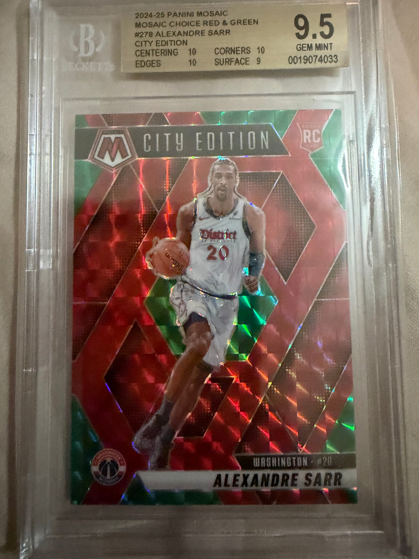 2024-25 Panini Mosaic #278 Alexandre Sarr Choice Red & Green City Edition BGS 9.5 Gem-Mint Washington Wizards Rookie (RC) Card