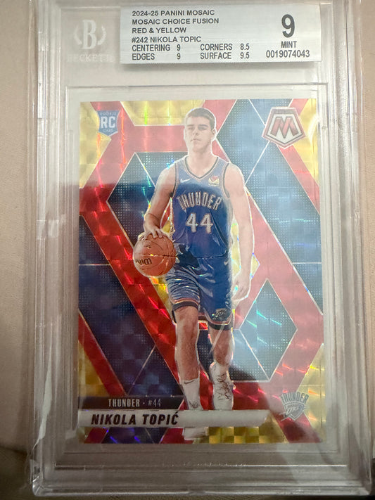 2024-25 Panini Mosaic #242 Nikola Topic Mosaic Choice Fusion Red and Yellow 68/75 BGS 9.0 Mint Oklahoma City Thunder Rookie (RC) Card