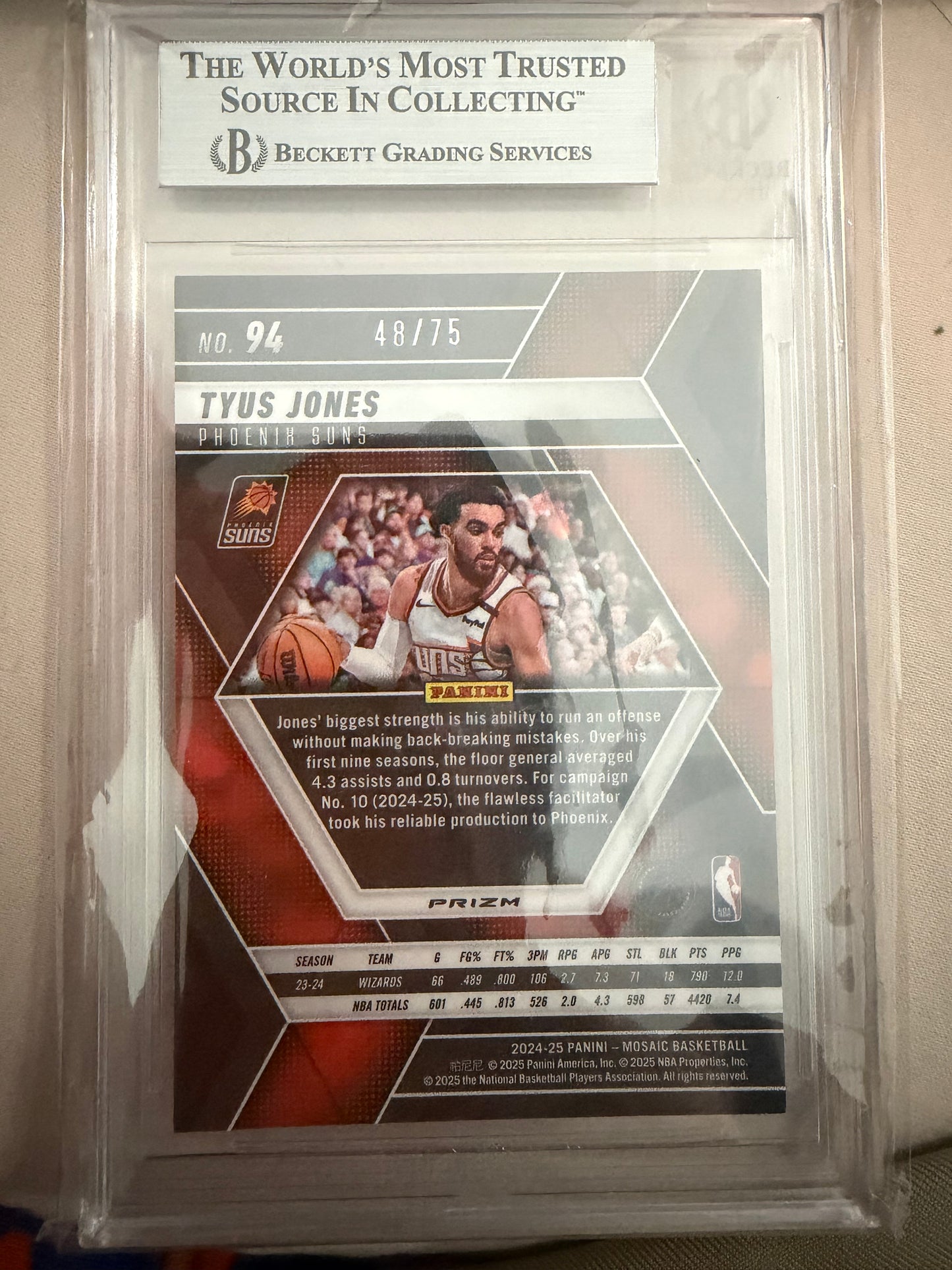 2024-25 Panini Mosaic #94 Tyus Jones Mosaic Choice Fusion Red and Yellow 48/75 BGS 9.0 Mint Phoenix Suns Card