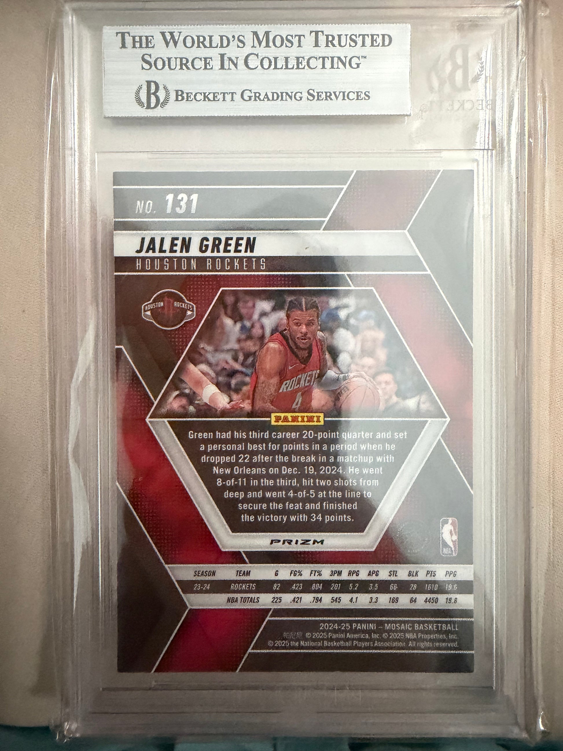 Trading card of Jalen Green in a protective case with Beckett Grading Services logo.