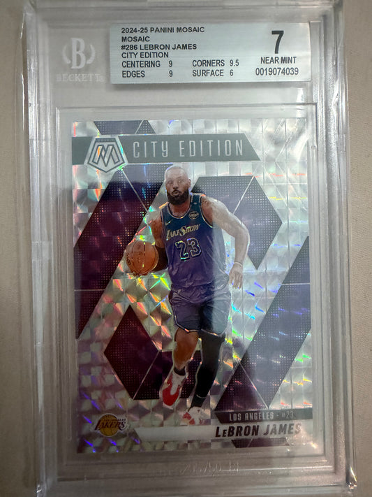 Basketball trading card of a player in action, encased in a protective frame.