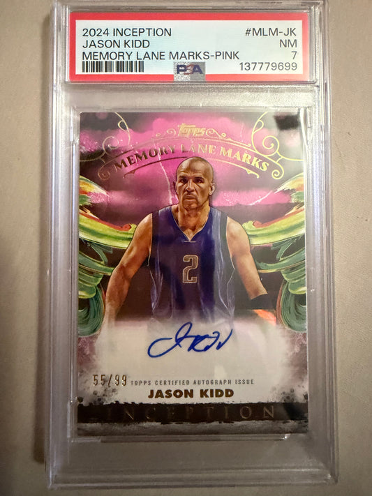 Trading card of Jason Kidd in a protective case with a pink and green design