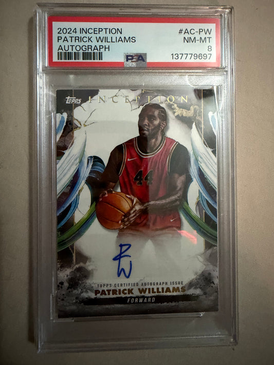 Basketball trading card of Patrick Williams in a protective case with a beige background