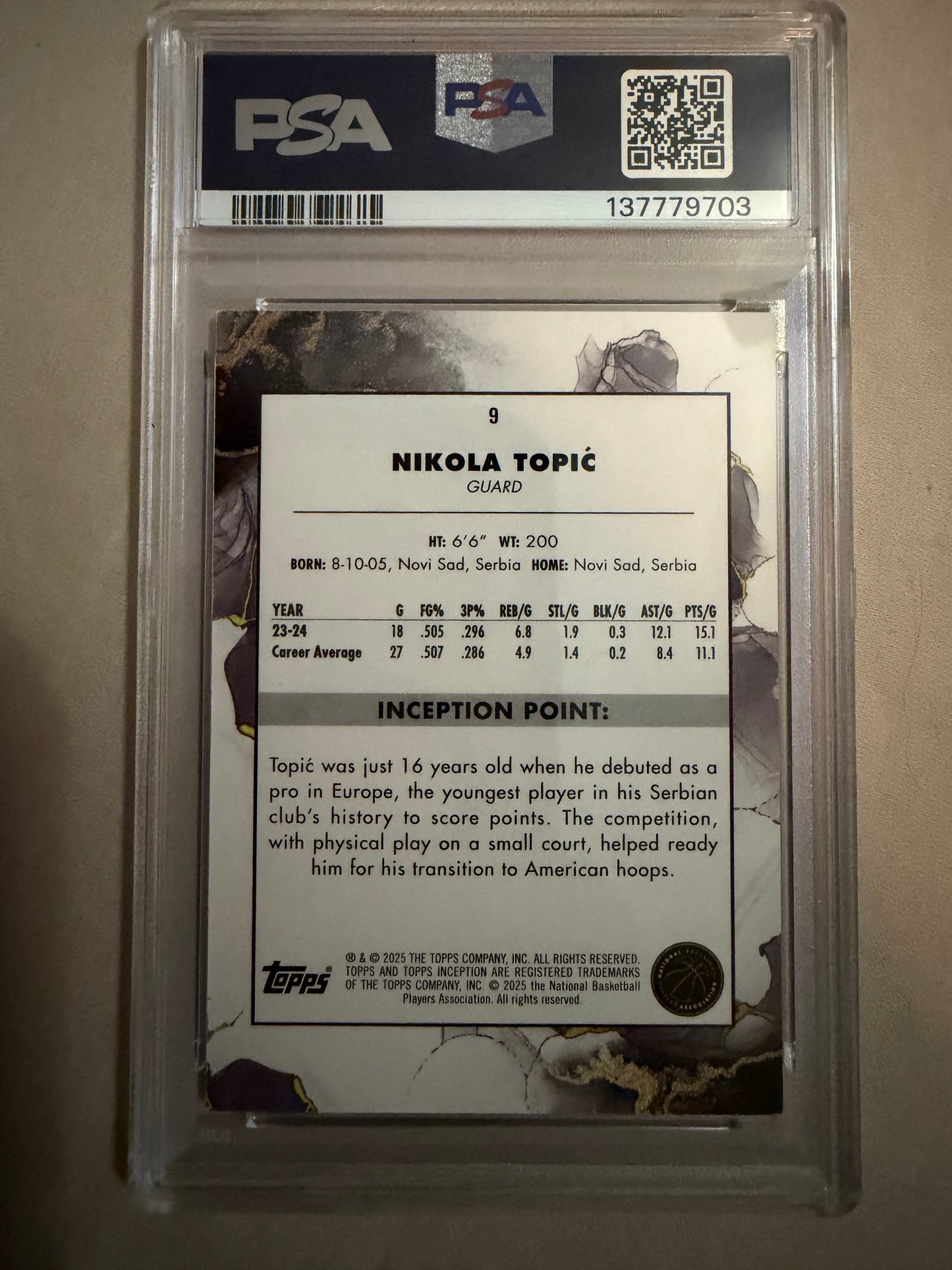 2024-25 Topps Inception #9 Nikola Topic Holo Gold 37/50 PSA 8 Oklahoma City Thunder Rookie (RC) Card