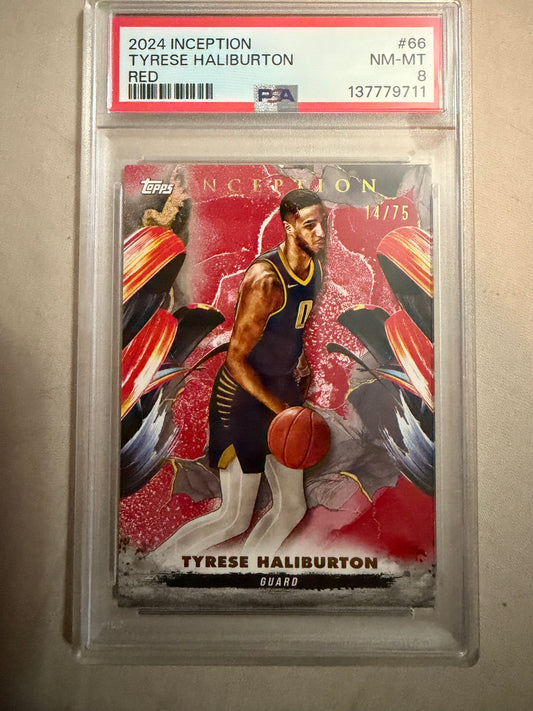 2024-25 Topps Inception #66 Tyrese Haliburton Red 14/75 PSA 8 Indiana Pacers Card