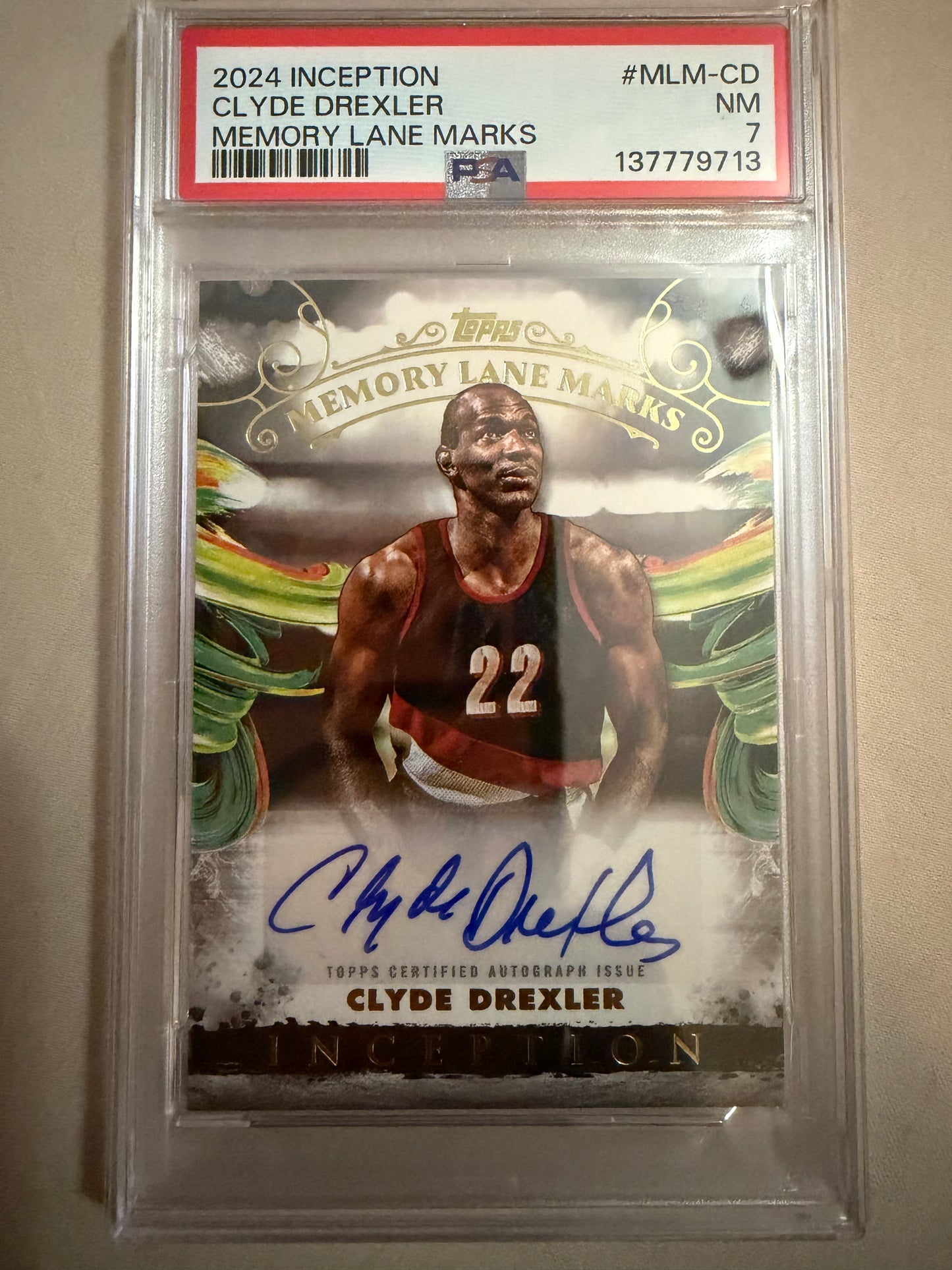 2024-25 Topps Inception #MLM-CD Clyde Drexler Memory Lanes Marks PSA 7 Autographed (AU) Portland Trail Blazers Card