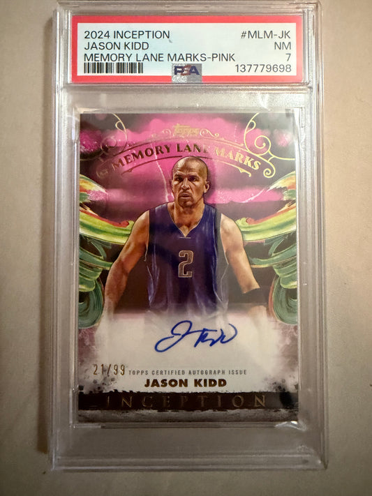 2024-25 Topps Inception #MLM-JK Jason Kidd 21/99 Memory Lanes Marks Pink PSA 7 Autographed (AU) Dallas Maverick Card